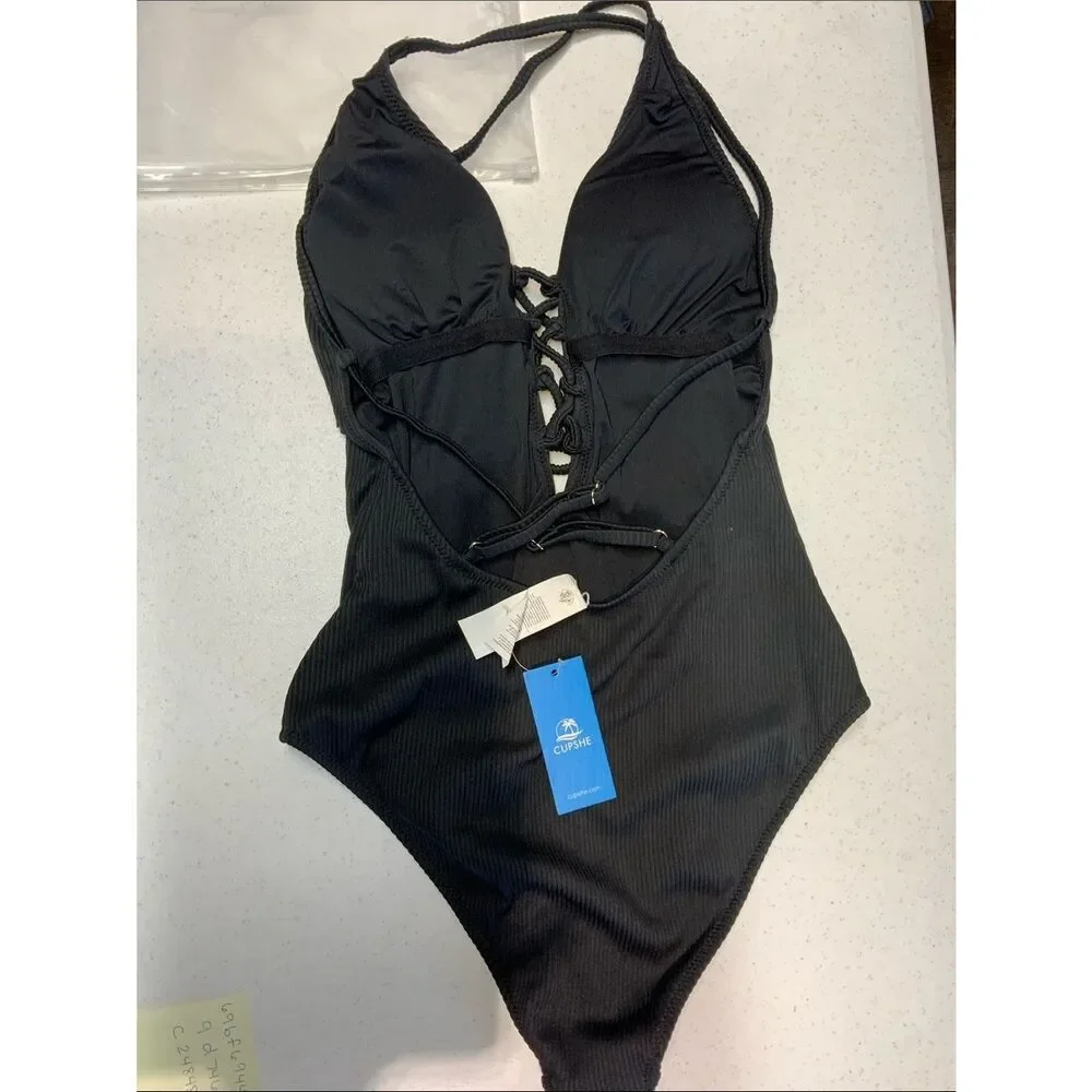 NWT Small CUPSHE Women's Ribbed Solid Color‎ V Neck Lace Up One Piece Swimsuit